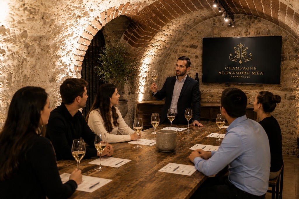 Private champagne tasting in the vaulted stone cellars of Champagne Alexandre Méa, Champillon