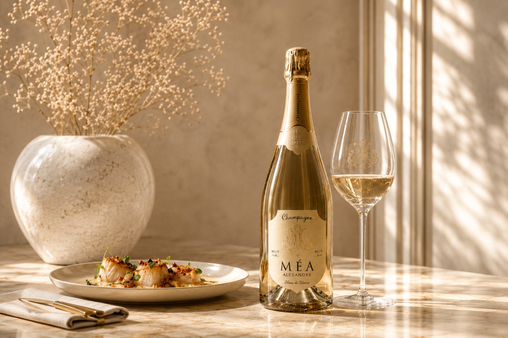 Champagne Alexandre Méa Blanc de Blancs with engraved flute, seared scallops and ivory table setting
