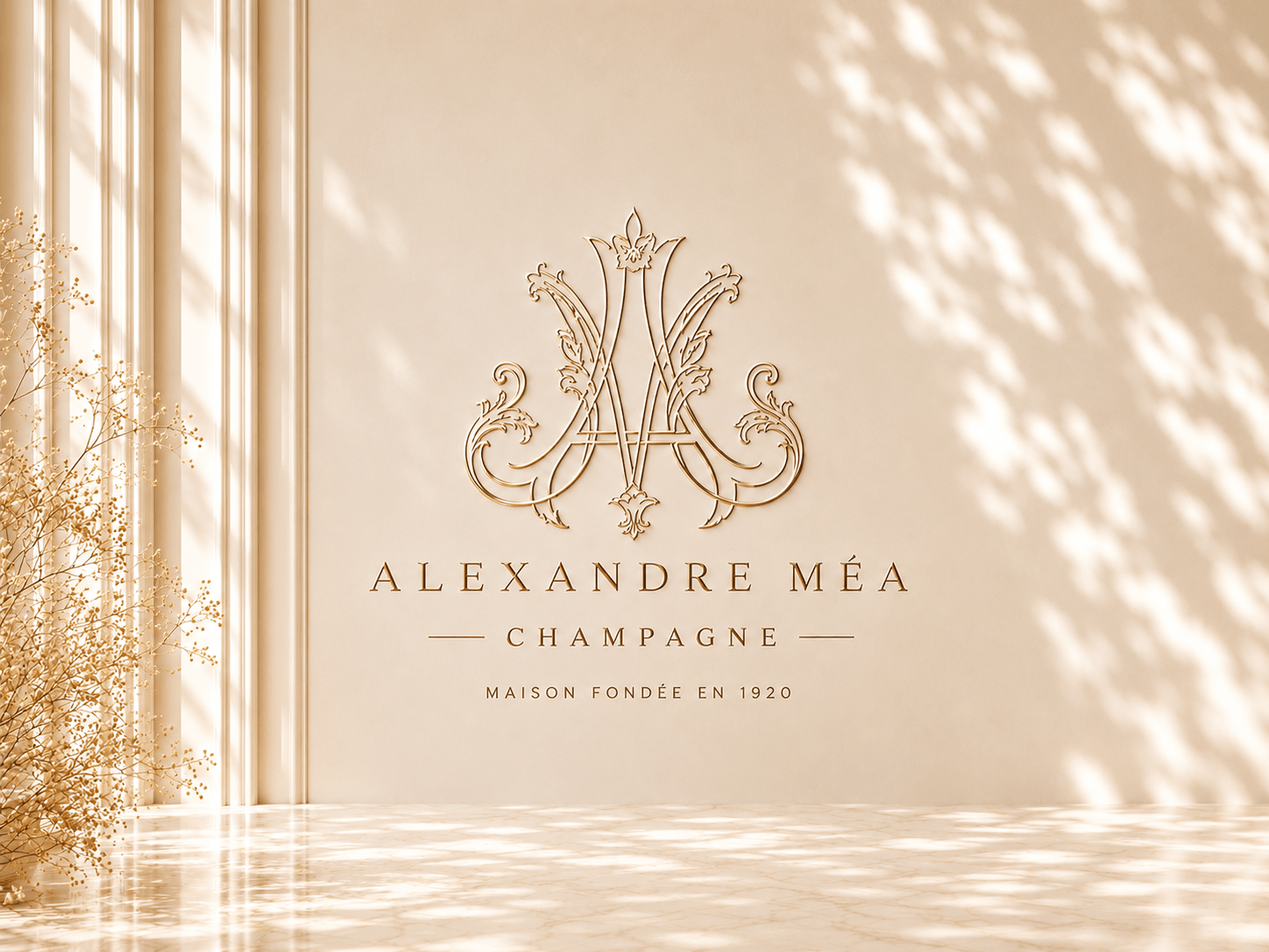 Champagne Alexandre Méa — ivory wall with gold emblem, Champillon