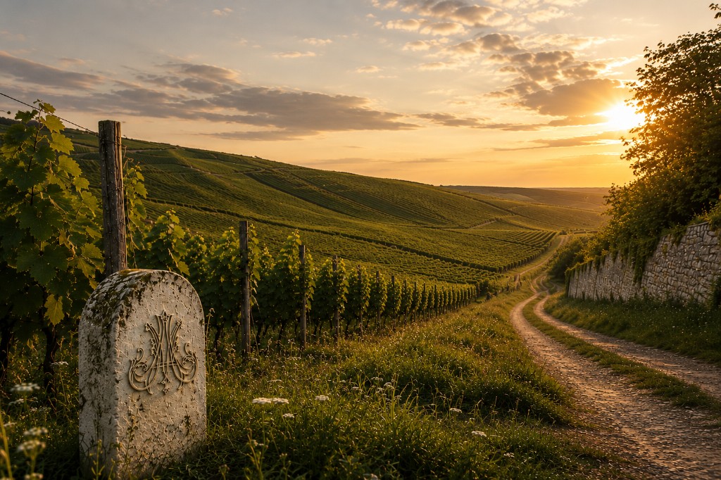 Borne de pierre gravée du monogramme Alexandre Méa parmi les vignes de Champillon au coucher du soleil